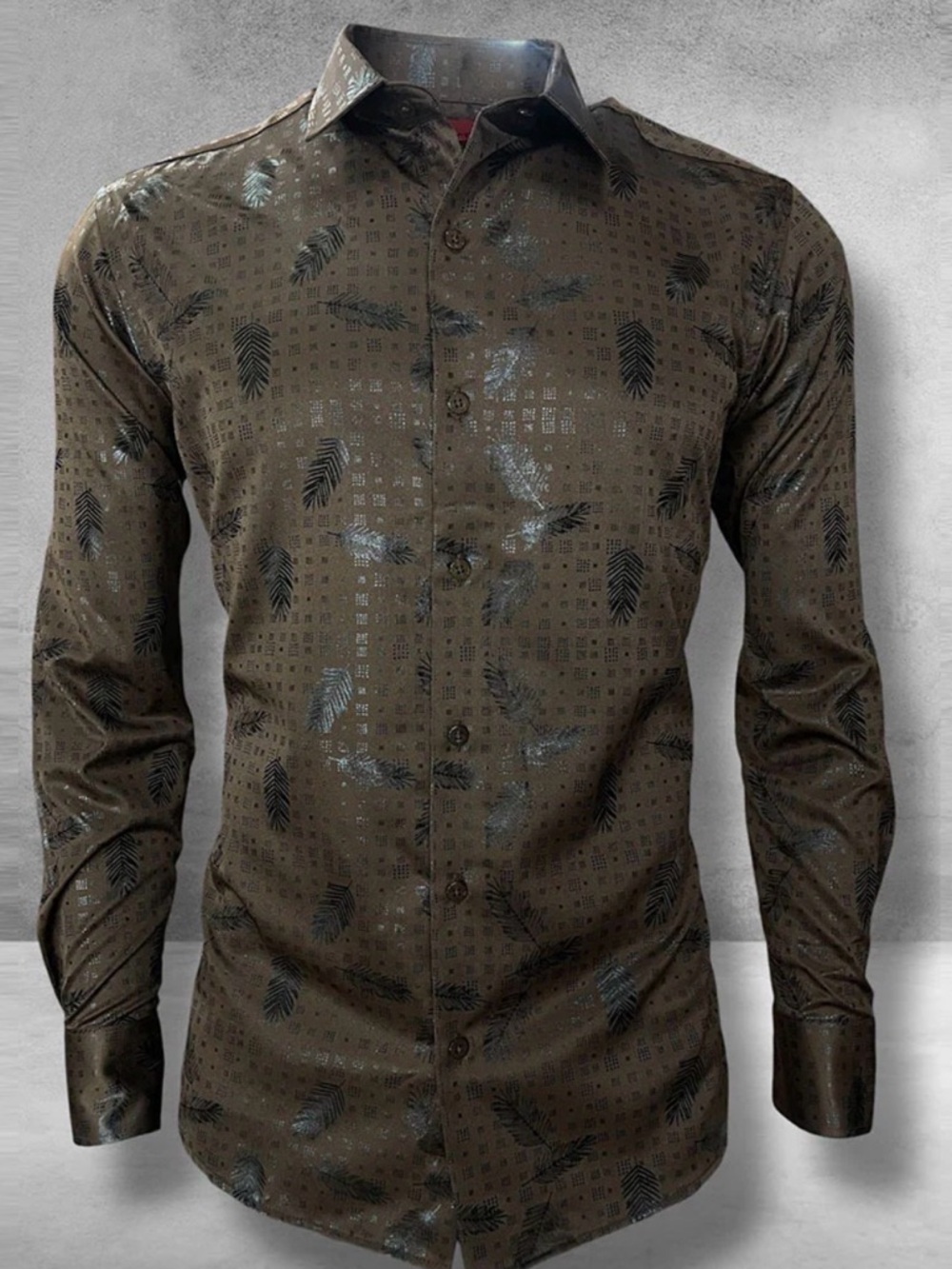 SOLD***Montero Men's Brown Printed Long-Sleeve Denim Shirt